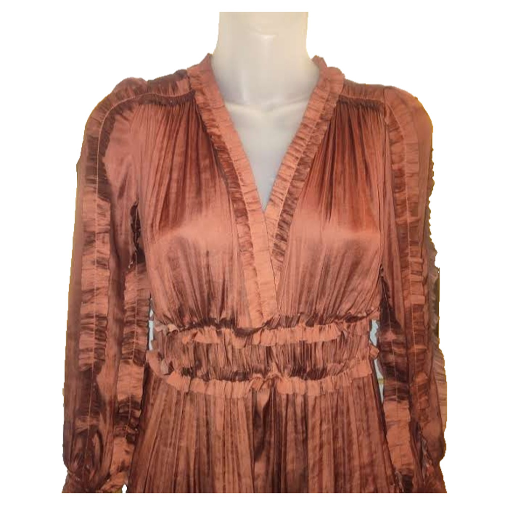O.P.T Women’s Brown Satin Boho Ruffle Mini Dress Size XS BG30 - Picture 2 of 4